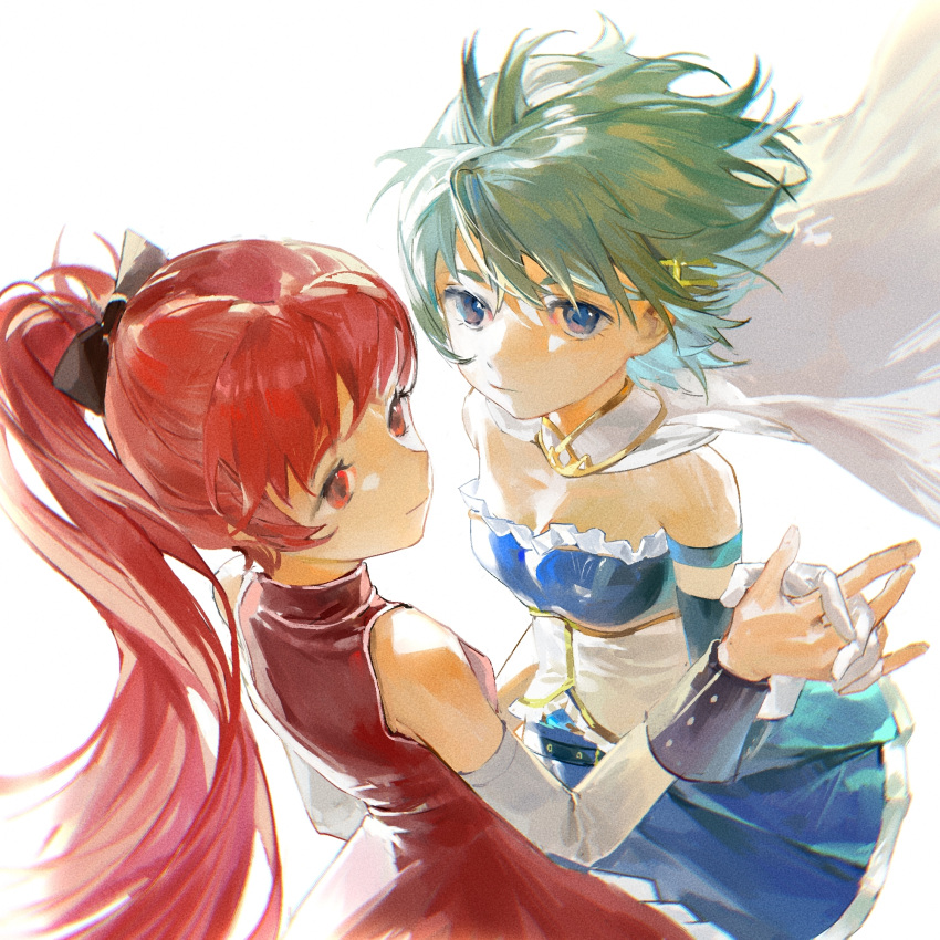 2girls, aqua_hair, baifeidaiwang, bangs, bare_shoulders, blue_dress, blue_eyes, bow