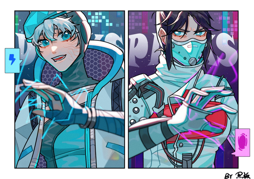 2girls, apex_legends, bangs, beret, black_hair, blue_bodysuit, blue_gloves, blue_headwear