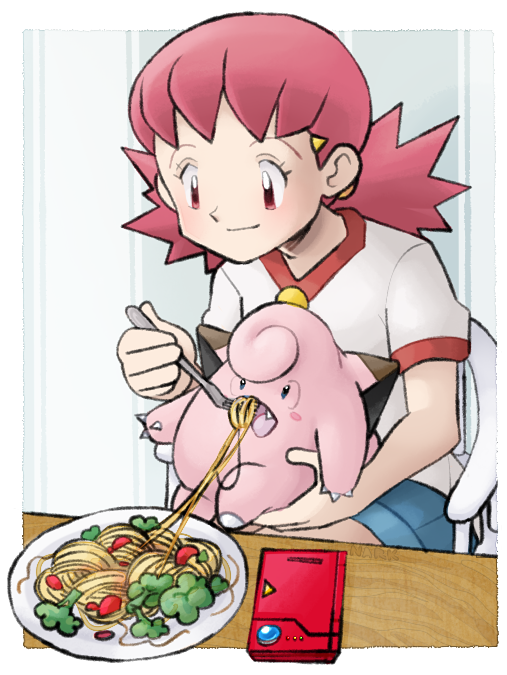 1girl, blush_stickers, chair, clefairy, fang, feeding, food, fork