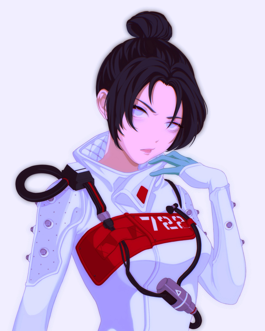 1girl, absurdres, apex_legends, bangs, black_hair, blue_eyes, bodysuit, breasts, cable, hair_behind_ear, hair_bun, head_tilt, highres, looking_at_viewer, medium_breasts, mika_(mikvoh), no_pupils, official_alternate_costume, parted_bangs, quarantine_722_wraith, solo, upper_body, white_bodysuit, wraith_(apex_legends)