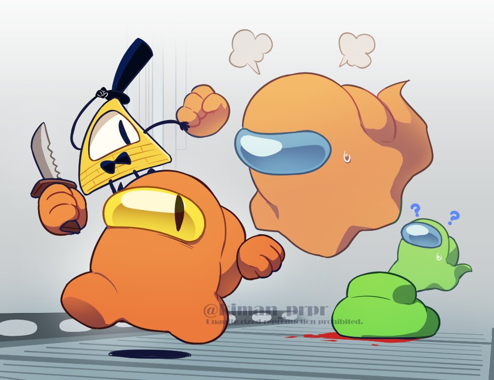 ?, among_us, angry, bill_cipher, blood, bow, bowtie, character_request, colored_sclera, commentary, corpse, crewmate_(among_us), cyclops, disembodied_limb, ghost_(among_us), gravity_falls, green_sclera, hat, holding, holding_knife, kiman, knife, one-eyed, running, slit_pupils, space_helmet, spacesuit, sweatdrop, top_hat, twitter_username, watermark