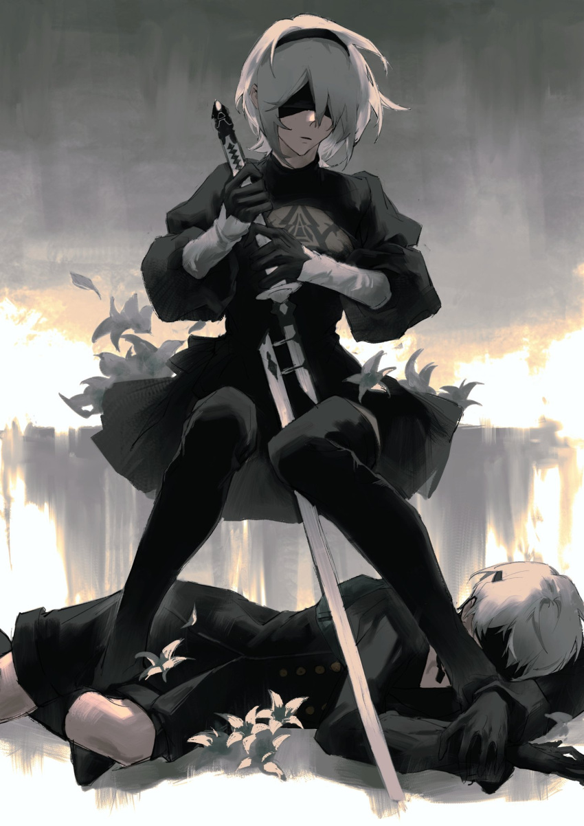 1boy, 1girl, black_blindfold, black_footwear, black_gloves, black_hairband, black_shorts, black_socks, blindfold, flower, gloves, grey_hair, hairband, highres, holding, holding_sword, holding_weapon, jiao_chang, katana, looking_at_another, lunar_tear, lying, nier_(series), nier_automata, on_floor, on_side, painterly, parted_lips, petals, plant, planted, planted_sword, puffy_sleeves, see-through, short_hair, shorts, socks, solo, sword, turtleneck, weapon, white_flower, yorha_no._2_type_b, yorha_no._9_type_s