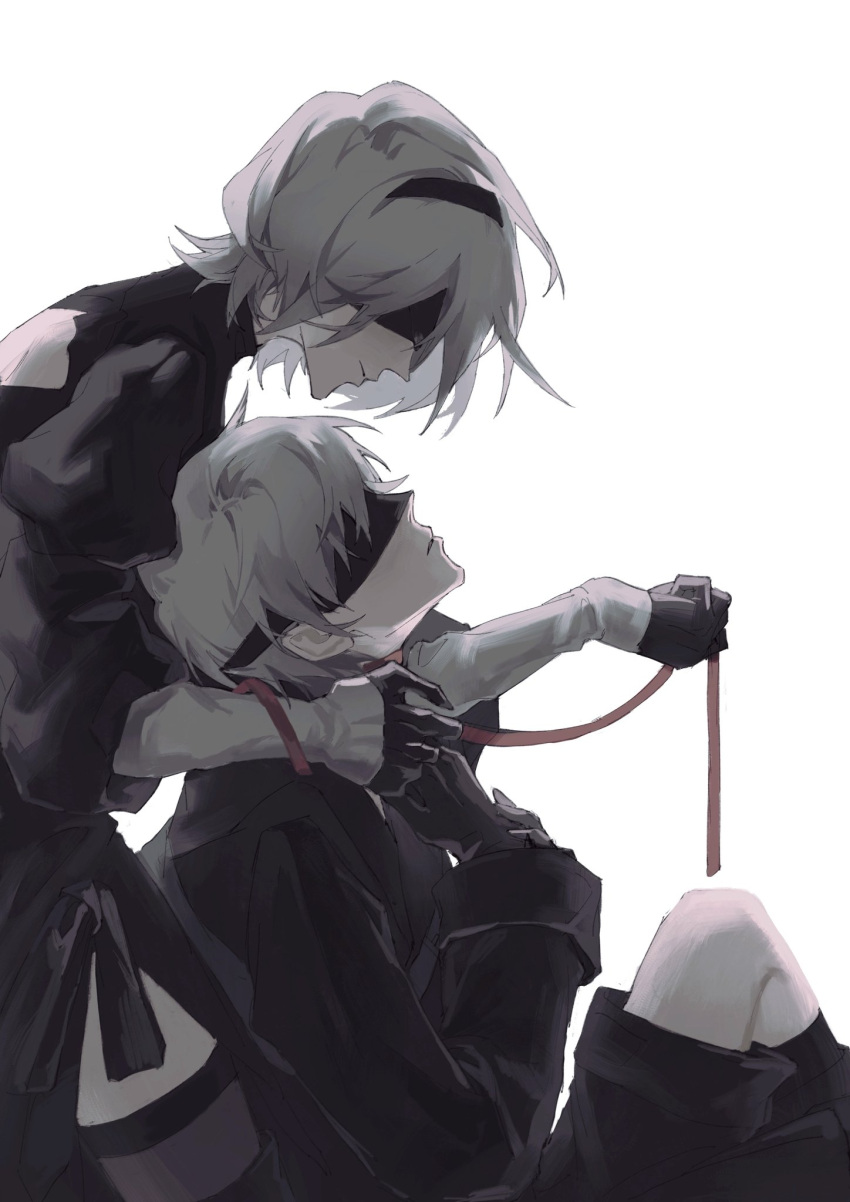 1boy, 1girl, back_cutout, bag, black_blindfold, black_footwear, black_gloves, black_hairband, black_shorts, black_socks, blindfold, brown_thighhighs, closed_mouth, clothing_cutout, collar, gloves, grey_background, grey_hair, hairband, highres, holding, holding_leash, jiao_chang, leash, looking_at_another, nier_(series), nier_automata, parted_lips, puffy_sleeves, red_collar, short_hair, shorts, simple_background, smile, socks, thigh-highs, turtleneck, yorha_no._2_type_b, yorha_no._9_type_s