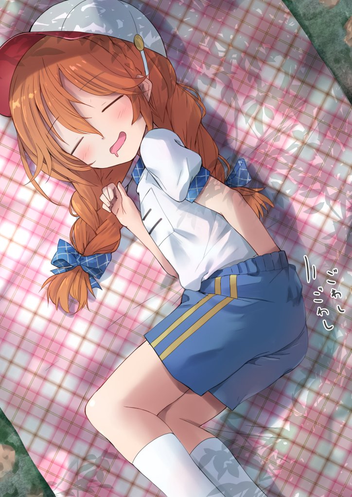 1girl, ass, blue_shorts, blush, braid, brown_hair, closed_eyes, hand_under_clothes