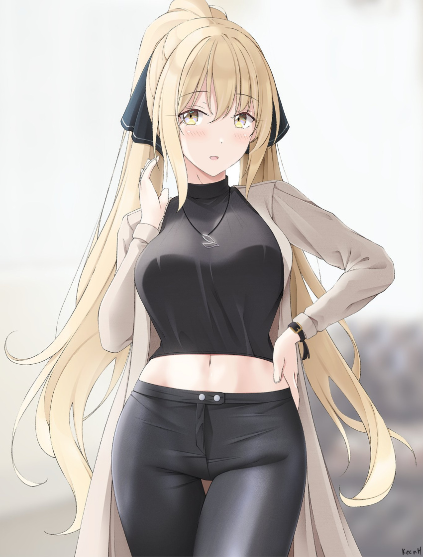 1girl, bangs, black_pants, black_ribbon, black_shirt, blonde_hair, blush, borrowed_character, breasts, brown_eyes, commission, hair_between_eyes, hair_ornament, hair_ribbon, hand_on_hip, high_ponytail, highres, jewelry, keenh, large_breasts, leather, leather_pants, long_hair, long_sleeves, looking_at_viewer, midriff, navel, necklace, open_mouth, original, pants, ponytail, ribbon, satou_mayumi_(rc_f), shiny, shiny_clothes, shirt, smile, solo, standing