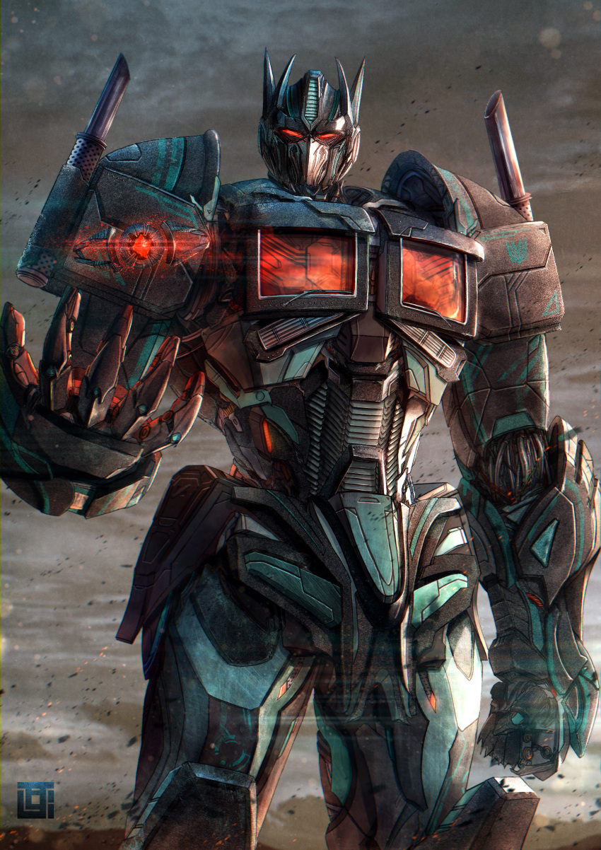 absurdres, chinese_commentary, clenched_hand, clouds, cloudy_sky, decepticon, embers, highres