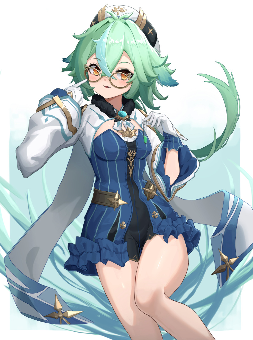 1girl, absurdres, animal_ears, aoaoaoao_(baiyanheibing), bangs, blue_dress, cape, cat_ears, cat_girl, commentary_request, dress, genshin_impact, glasses, green_hair, hair_between_eyes, hat, highres, knees_together_feet_apart, long_hair, long_sleeves, looking_at_viewer, multicolored_hair, orange_eyes, semi-rimless_eyewear, sidelocks, smile, solo, streaked_hair, sucrose_(genshin_impact), two-tone_hair, vision_(genshin_impact)