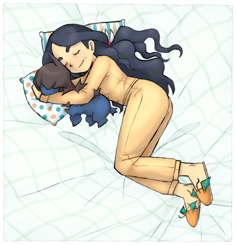 1girl, black_hair, buttons, deino_(pokemon), dragonite, drasna_(pokemon), full_body, hug
