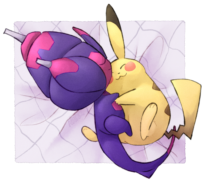 blush_stickers, closed_eyes, colored_skin, dot_nose, hug, lying, nark, no_humans