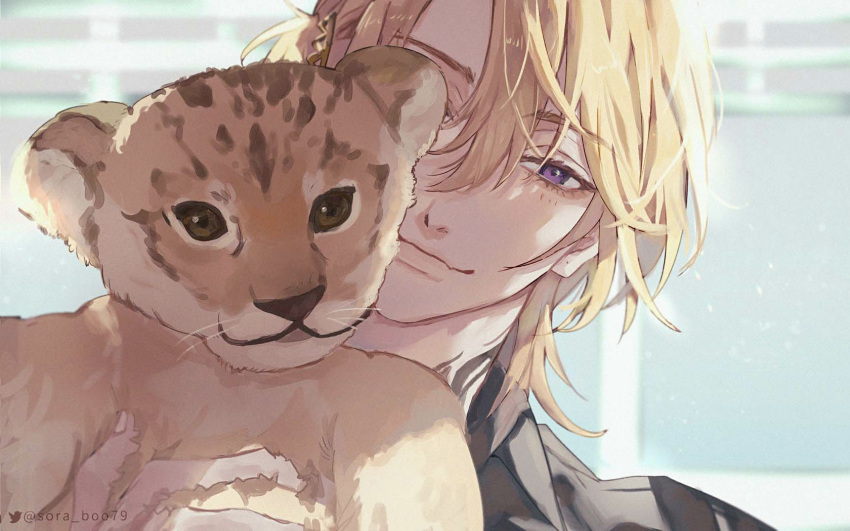 1boy, animal, bangs, blonde_hair, closed_mouth, cub, hair_between_eyes, hair_ornament
