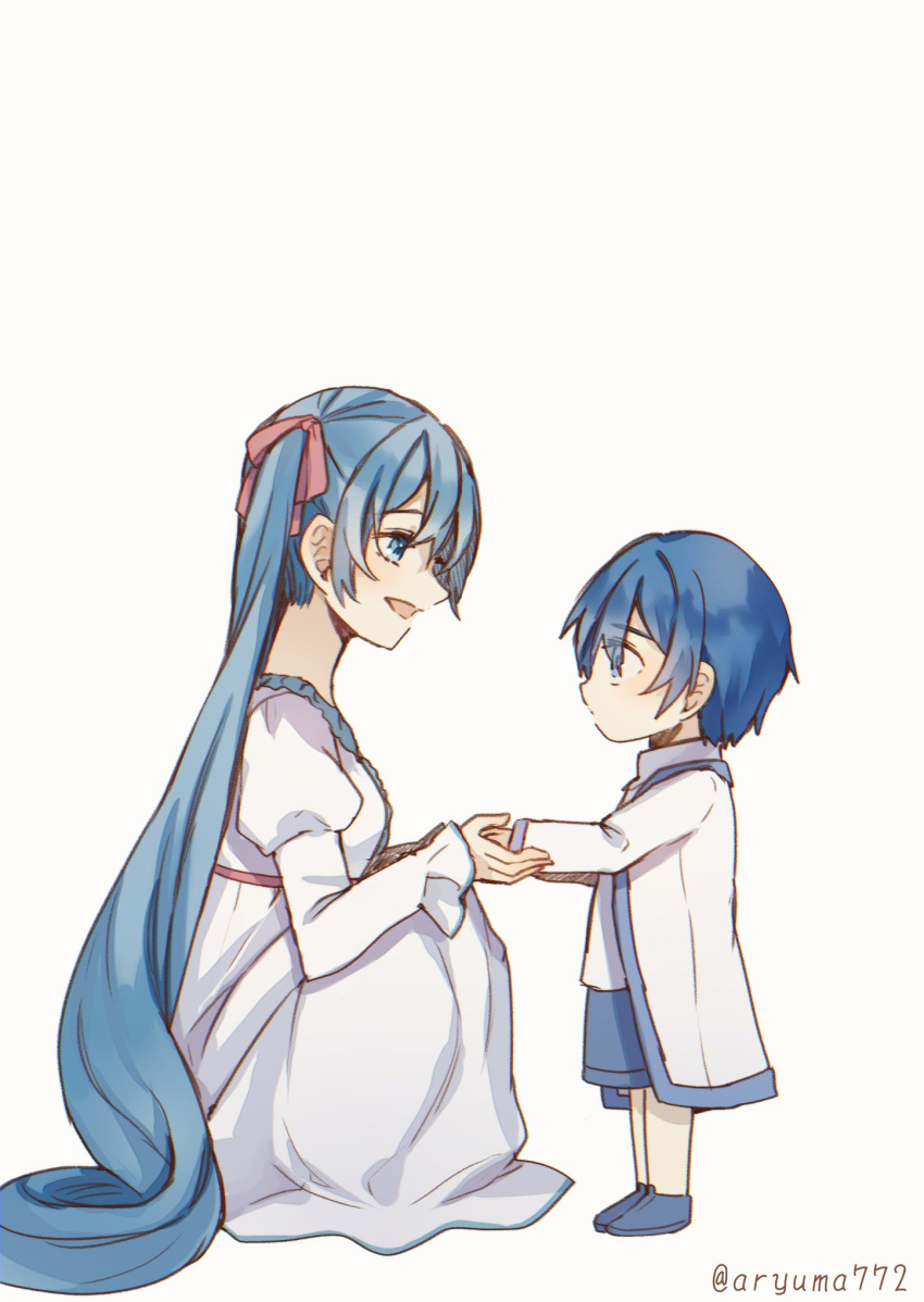 adam_moonlit, age_regression, aqua_eyes, aryuma772, blue_eyes, blue_hair, blue_shorts, brother_and_sister
