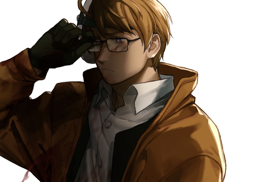 >:(, 1boy, adjusting_eyewear, america_(hetalia), axis_powers_hetalia, blonde_hair, blood, blood_on_clothes