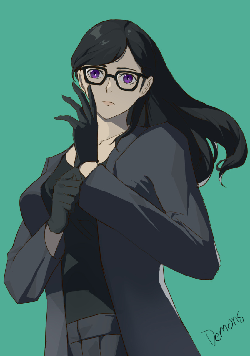 1girl, akademon666, bangs, black_gloves, black_hair, breasts, eyebrows_hidden_by_hair, formal
