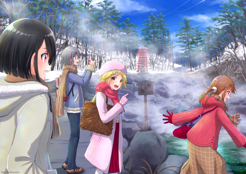 4girls, :d, backpack, bag, black_hair, blonde_hair, blue_sky, brown_hair