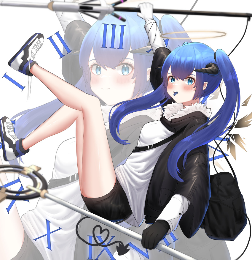 1girl, absurdres, arknights, arm_up, asymmetrical_gloves, bag, bangs, black_gloves