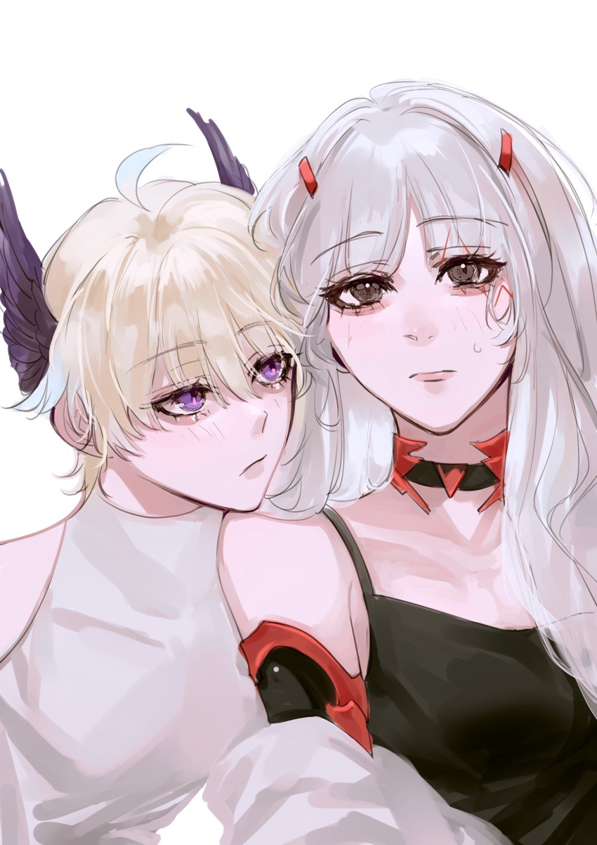 2girls, ahoge, bangs, bird_girl, black_camisole, black_choker, blonde_hair, blue_hair