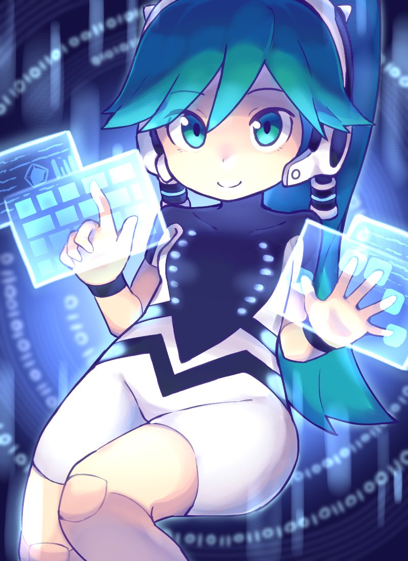 1girl, android, blue_eyes, bodysuit, charu_(saru_getchu), closed_mouth, green_hair, joints