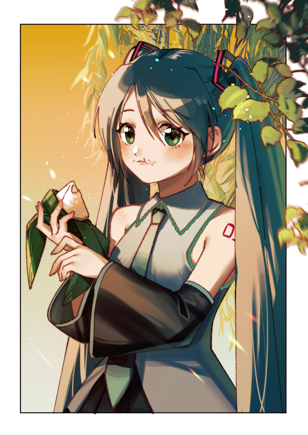 1girl, aqua_hair, bare_shoulders, border, careful_x, crumbs, detached_sleeves, dragon_boat_festival, eating, food, food_on_face, gradient, gradient_background, green_eyes, hair_ornament, hatsune_miku, highres, holding, holding_food, leaf, long_hair, looking_at_viewer, necktie, orange_background, simple_background, solo, twintails, vocaloid, zongzi