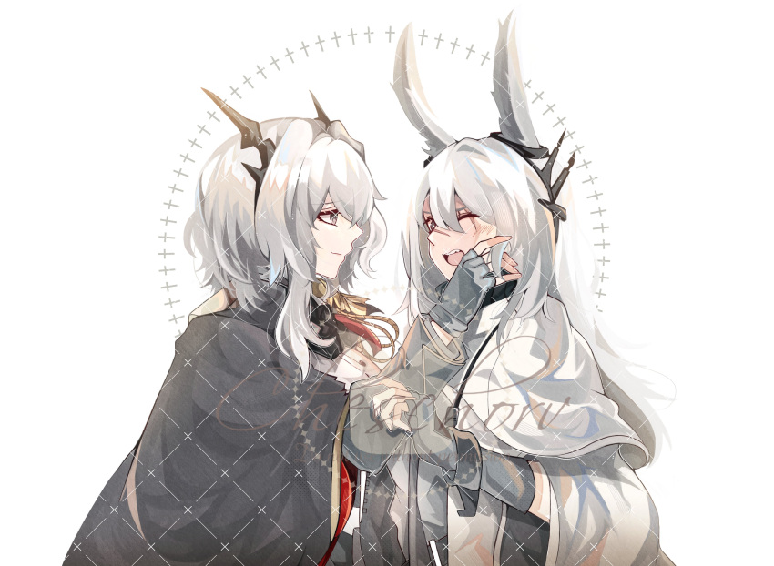 2girls, ;d, absurdres, animal_ears, arknights, ascot, black_ascot, black_cape