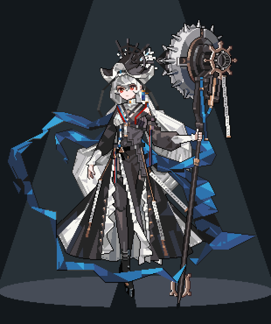 1girl, arknights, black_dress, black_footwear, black_pantyhose, blue_ribbon, boots, breasts, circular_saw, dress, gamepix, grey_hair, hair_between_eyes, hat_ornament, holding, holding_weapon, long_dress, long_hair, long_sleeves, official_alternate_costume, pantyhose, pixel_art, red_eyes, ribbon, shadow, small_breasts, solo, specter_(arknights), specter_the_unchained_(arknights), stage_lights, standing, weapon