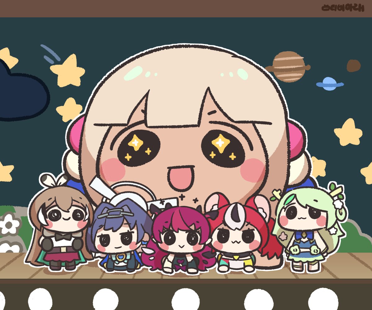 +_+, 6+girls, :>, :3, :d, animal_ears, bangs, black_eyes