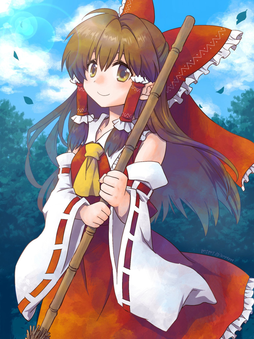 1girl, ascot, bangs, blue_sky, bow, broom, brown_eyes, brown_hair