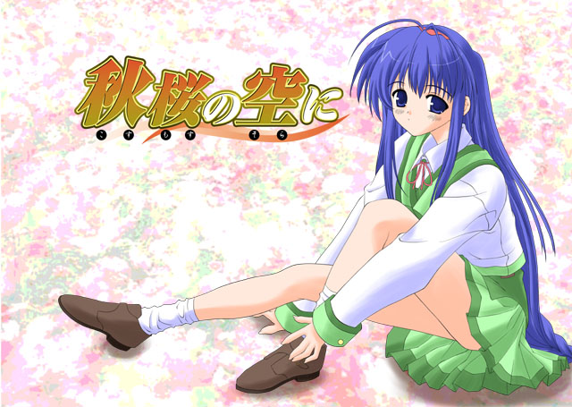 1girl, ahoge, blue_eyes, blue_hair, cosmos_no_sora_ni, expressionless, floral_background, flower