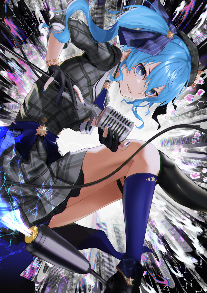 1girl, absurdres, ankle_boots, ascot, asymmetrical_legwear, audio_cable, audio_jack, bangs