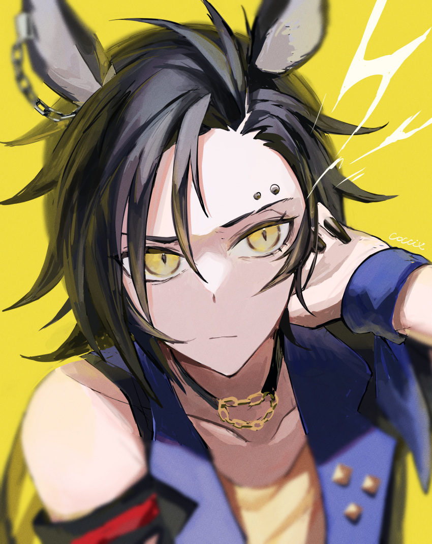 1girl, absurdres, air_shakur_(umamusume), animal_ears, artist_name, black_hair, black_jacket, black_nails