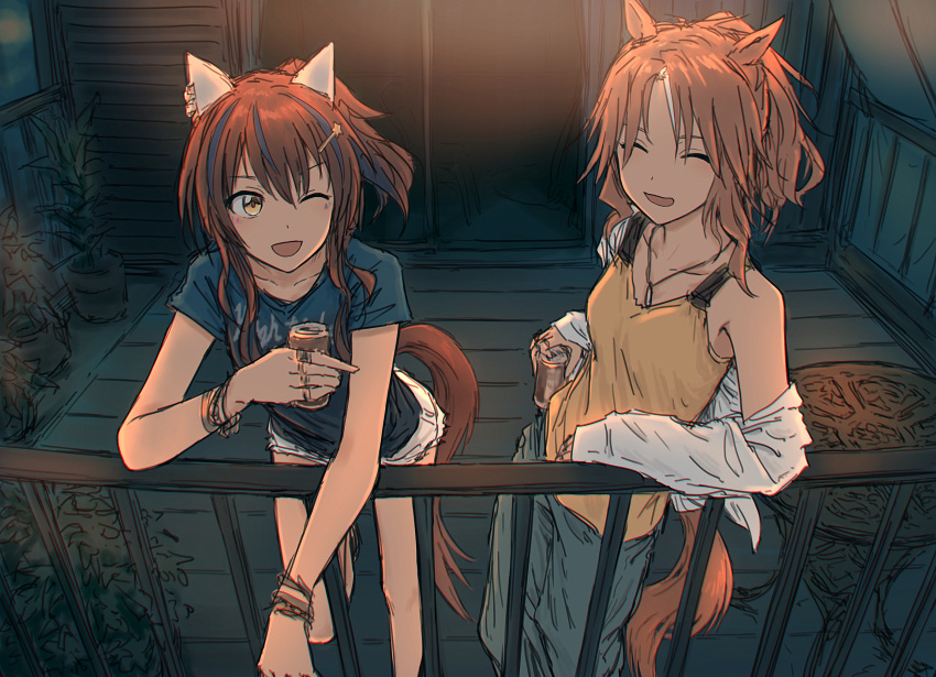 2girls, ^_^, animal_ears, bangs, blue_shirt, breasts, brown_hair, can