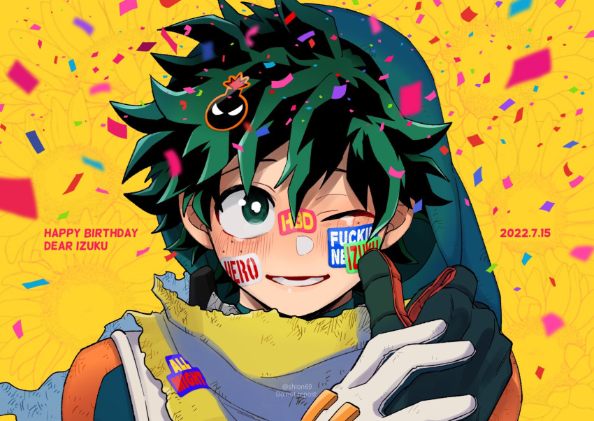 2boys, bakugou_katsuki, bangs, birthday, blurry, blurry_foreground, blush, boku_no_hero_academia, cape, character_name, confetti, crying, crying_with_eyes_open, english_text, floral_background, flower, freckles, gloves, green_eyes, green_gloves, hair_between_eyes, hand_on_another's_hand, happy, happy_birthday, happy_tears, highres, lower_teeth, male_focus, mask, mask_on_head, mask_removed, meteorabbit_(shion69), midoriya_izuku, multiple_boys, one_eye_closed, orange_gloves, out_of_frame, pov, short_hair, smile, solo_focus, spoilers, sticker, sunflower, tears, teeth, timestamp, torn_cape, torn_clothes, twitter_username, two-tone_gloves, white_gloves, yellow_cape