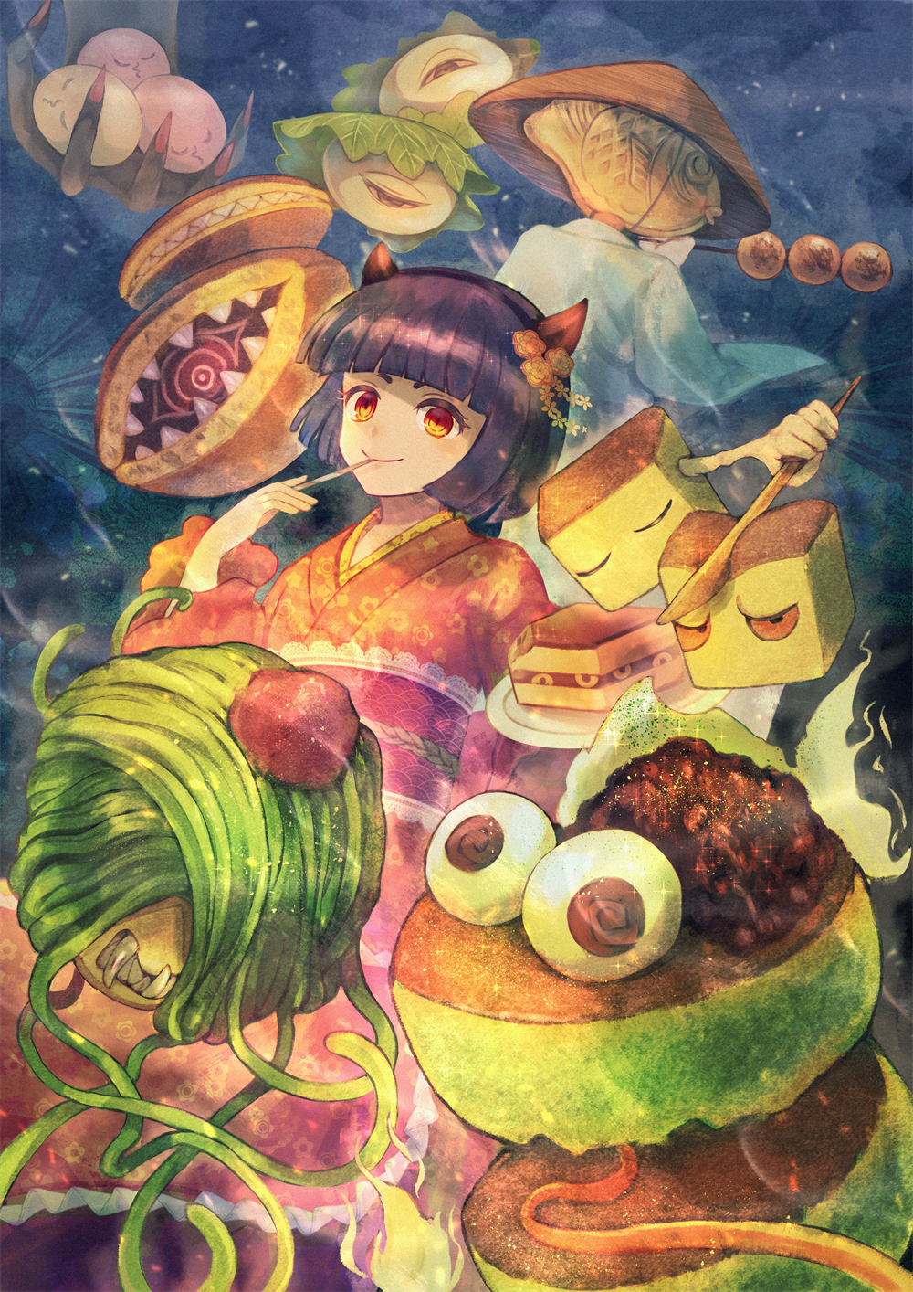 1girl, bangs, blunt_bangs, cake, demon_parade, floral_print, food, highres