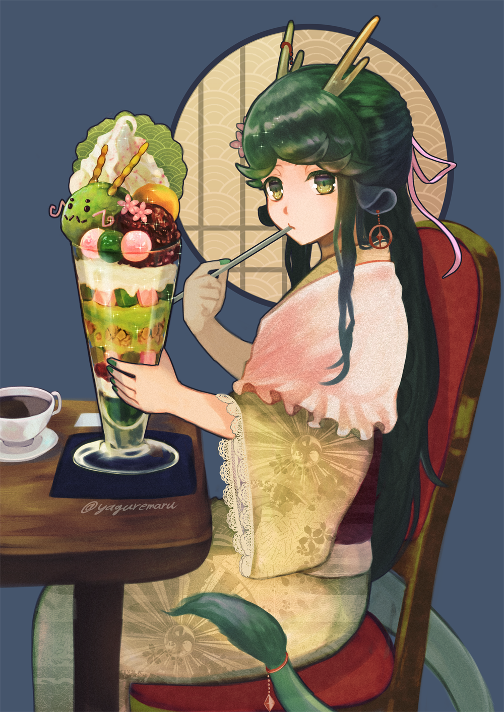 1girl, artist_name, chair, cup, eating, flower, from_side, green_eyes