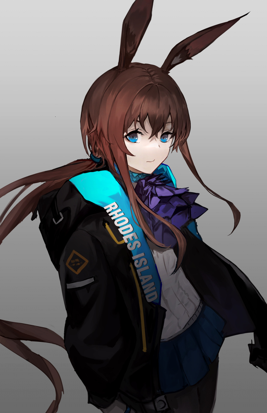 1girl, amiya_(arknights), animal_ears, arknights, ascot, black_jacket, black_pantyhose, blue_ascot