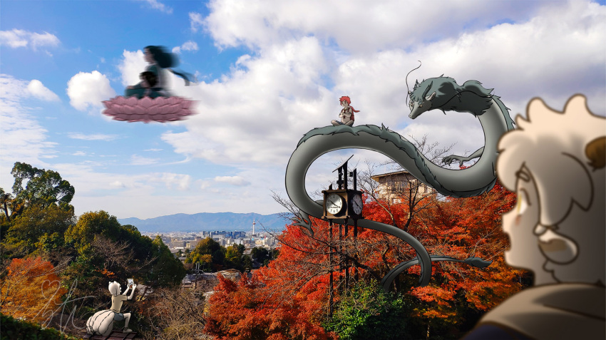 autumn_leaves, blue_sky, character_request, chocolatecat13, clock, clouds, cloudy_sky, dragon, fei_ren_zai, highres, holding, holding_phone, jiuyue_(fei_ren_zai), motion_blur, multiple_tails, neil_bowman, phone, photo_background, profile, sky, tail, the_legend_of_luo_xiaohei, wan_sheng_jie, white_hair, wuxian_(the_legend_of_luoxiaohei)