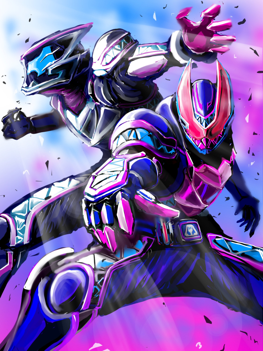 2boys, \m/, blue_armor, blue_background, demon, demon_boy, demon_tail, fighting_stance