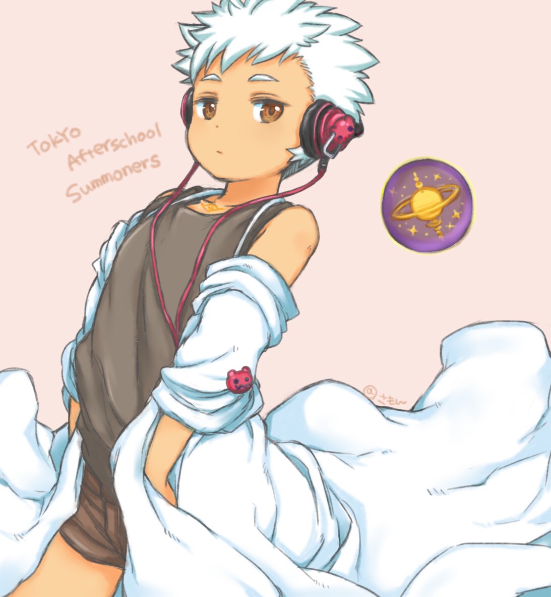 1boy, black_shirt, brown_eyes, chest_tattoo, closed_mouth, commentary_request, copyright_name, cowboy_shot, duo_(housamo), expressionless, floating, floating_object, headphones, labcoat, looking_at_viewer, male_child, male_focus, orange_background, oversized_clothes, shirt, short_hair, shorts, signature, solo, summon_lw, tattoo, thighs, tokyo_afterschool_summoners, white_hair