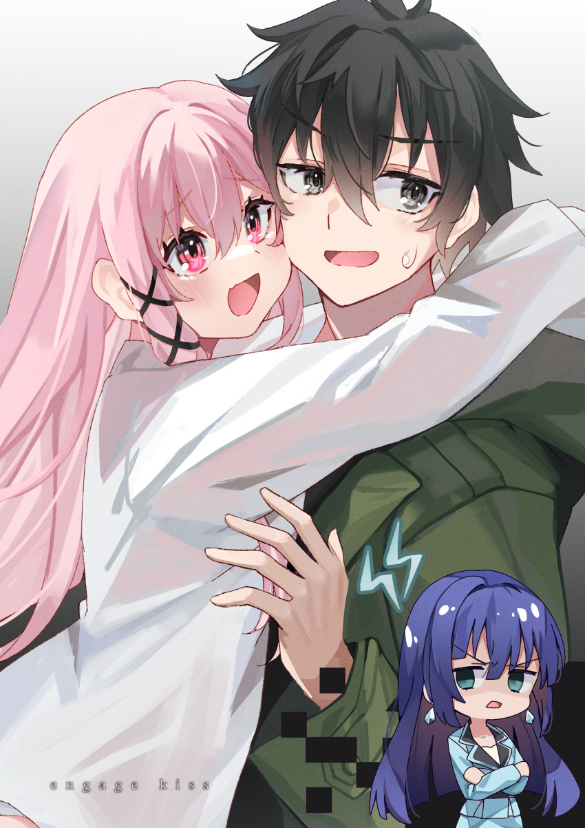 1boy, 2girls, :d, absurdres, black_hair, blue_hair, blue_jacket, blush