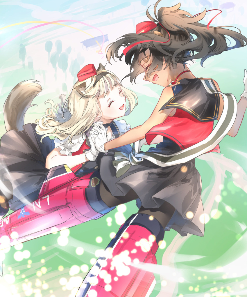 2girls, ^_^, absurdres, animal_ears, black_hair, black_pantyhose, black_skirt, blonde_hair