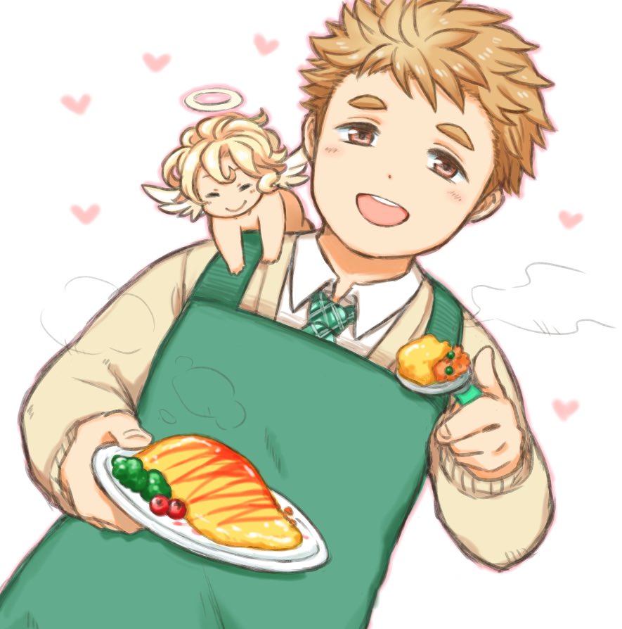 2boys, angel_wings, apron, blonde_hair, blush, brown_eyes, cherub, collared_shirt