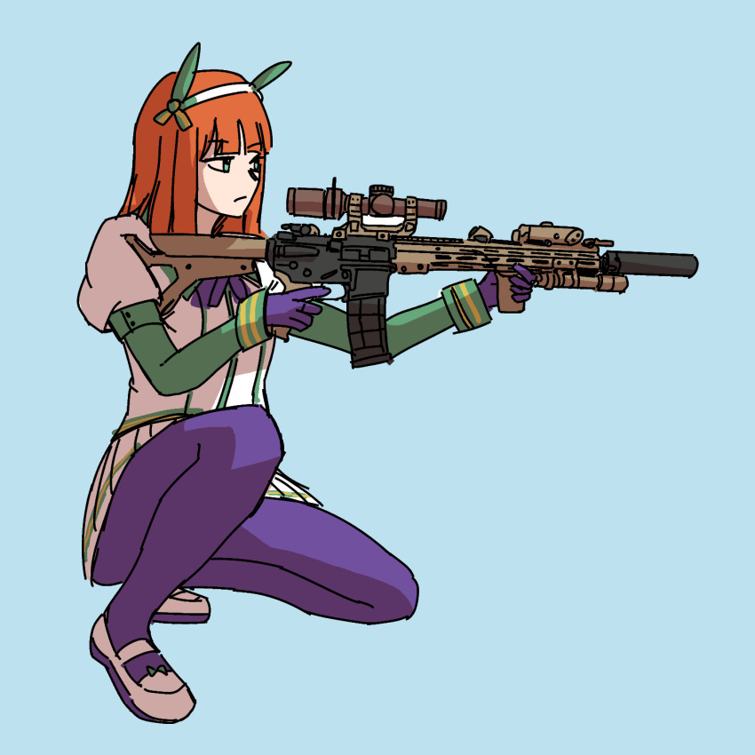 1girl, animal_ears, ar-15, bangs, blue_background, boots, closed_mouth, dress, full_body, gloves, green_eyes, gun, highres, holding, holding_gun, holding_weapon, horse_ears, horse_girl, knee_boots, long_hair, long_sleeves, monochrome, orange_hair, pants, purple_gloves, purple_pants, rifle, sharpy_(kdy000913), silence_suzuka_(umamusume), simple_background, solo, umamusume, weapon, white_dress, white_footwear