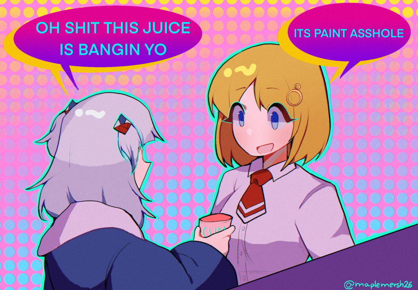 2girls, 4chan, bangs, blonde_hair, blue_eyes, commentary, cup, english_commentary