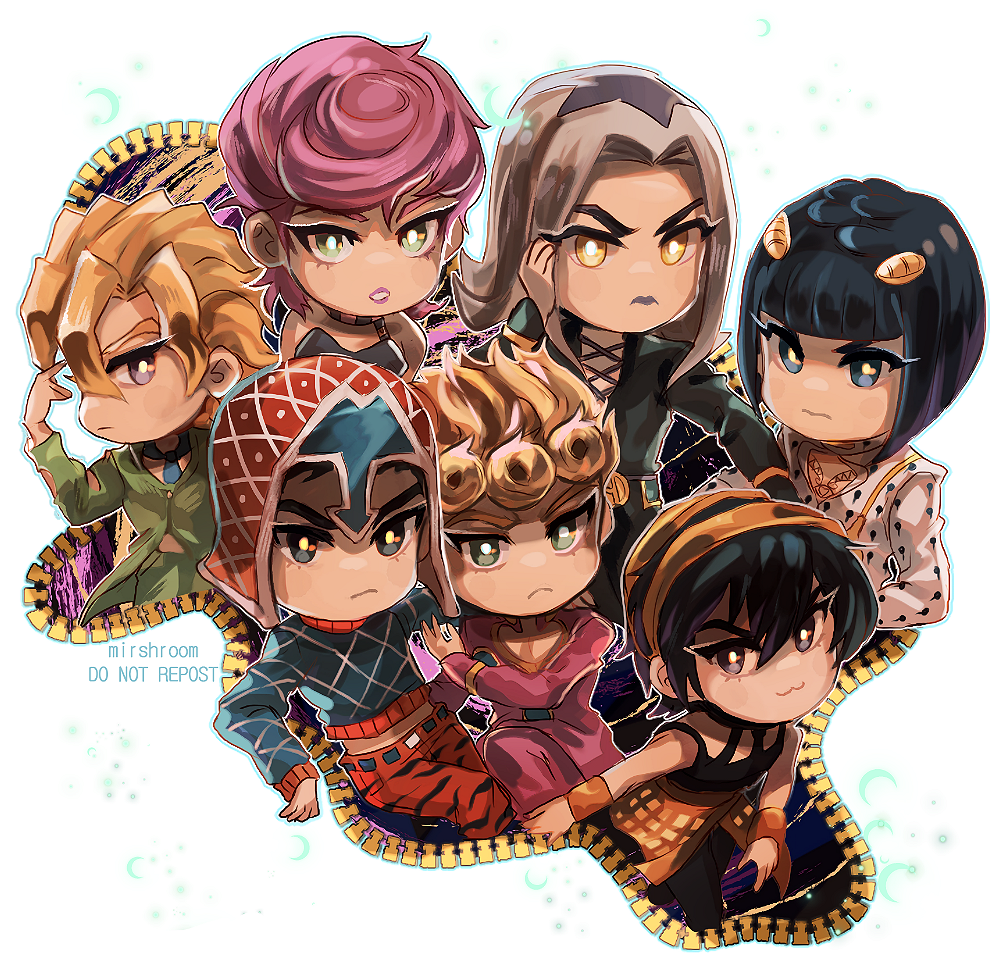 1girl, 6+boys, :3, animal_print, artist_name, black_eyes, black_hair, black_lips