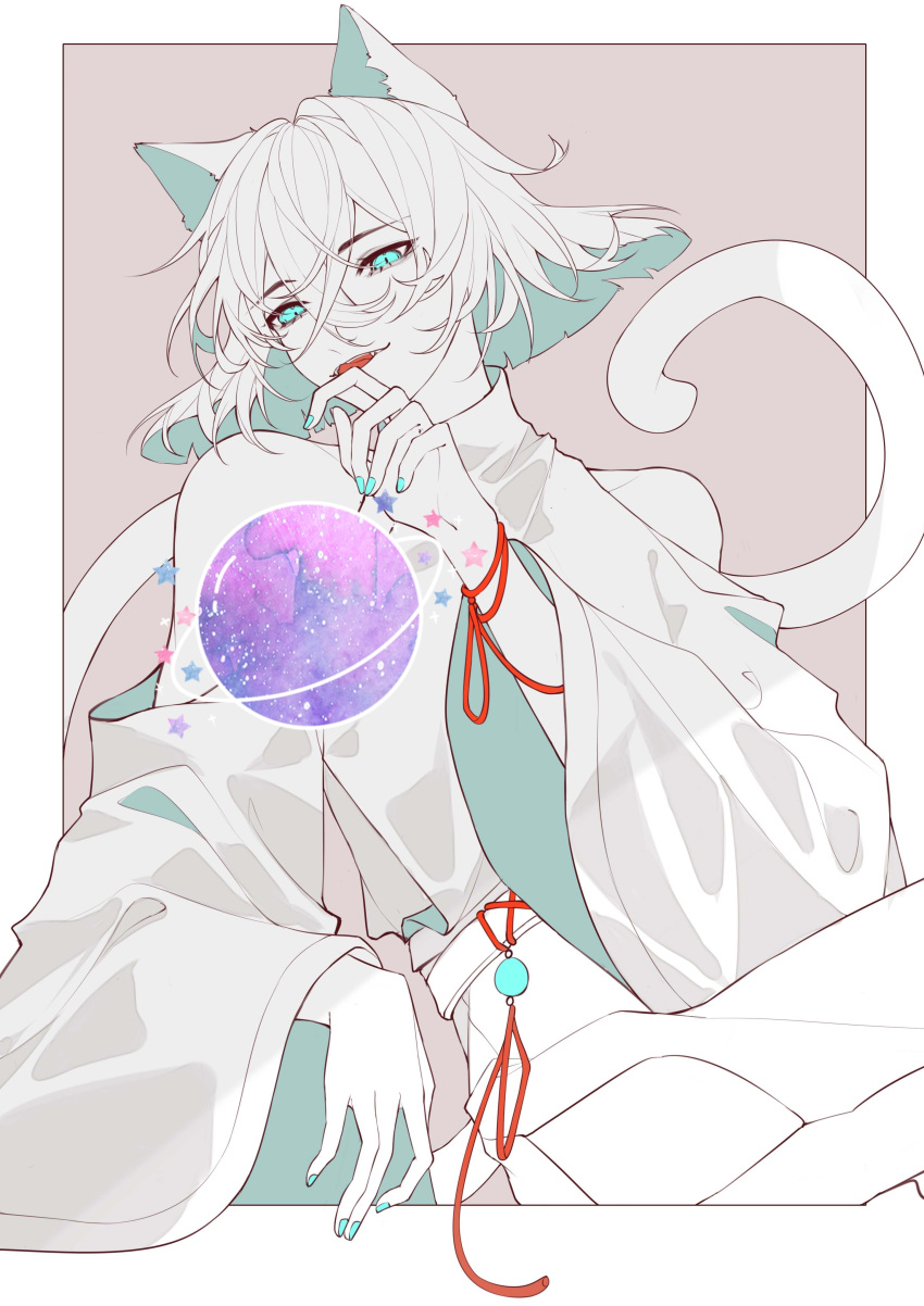 1boy, absurdres, androgynous, aqua_eyes, aqua_nails, bell, bishounen, bob_cut, cat_boy, cat_tail, daleth_(sky:_children_of_the_light), fangs, floating, framed, galaxy, grey_hair, highres, inverted_bob, jade_(gemstone), jingle_bell, jiusuidebaize, licking, licking_finger, long_hair, male_focus, short_hair, sky:_children_of_the_light, slit_pupils, solo, star_(symbol), string, string_of_fate, tail, tongue, tongue_out, twisted_torso, white_hair, wide_sleeves