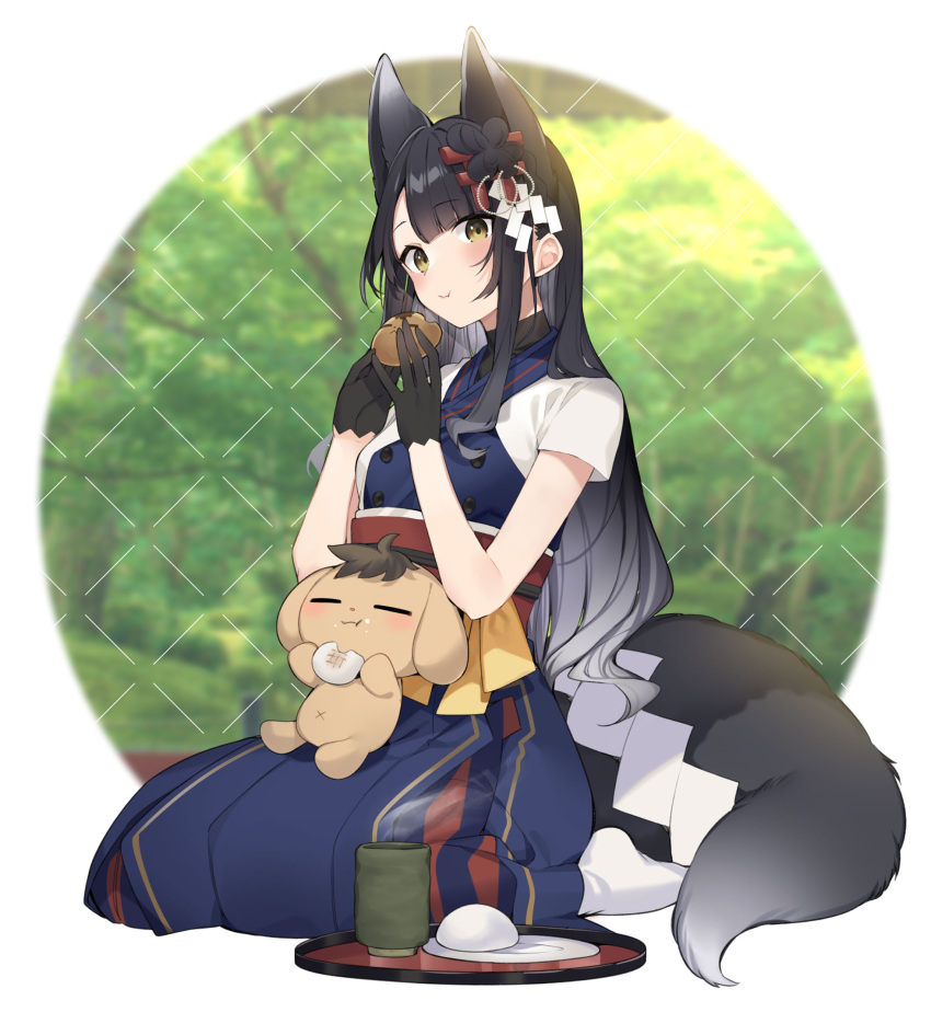1girl, animal_ears, bangs, black_gloves, black_hair, brown_eyes, closed_mouth, creature