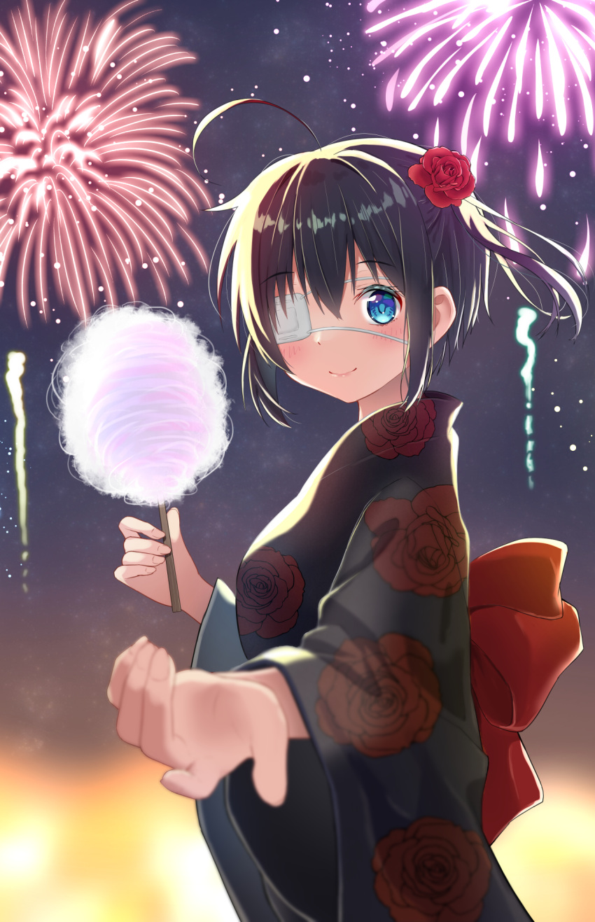 1girl, ahoge, alternate_costume, bangs, black_background, blue_eyes, blurry, blurry_background