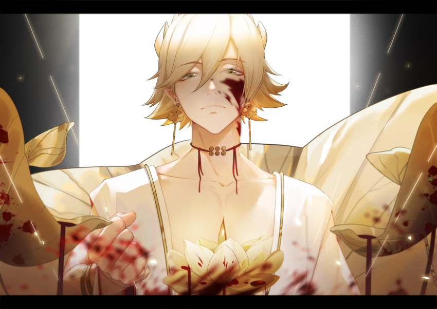 1boy, absurdres, bangs, bare_pectorals, bishounen, blonde_hair, blood, blood_on_face