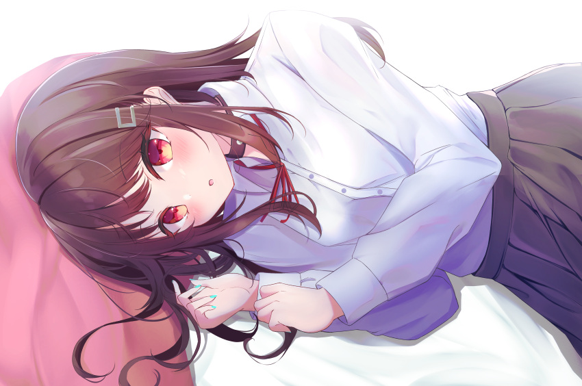 1girl, :o, absurdres, aqua_nails, bangs, black_skirt, blush, brown_choker