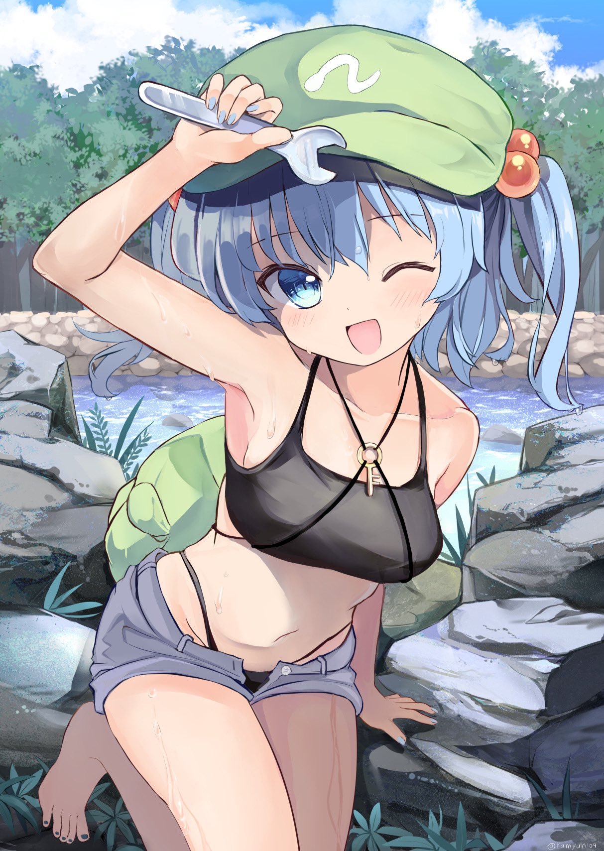 1girl, arm_up, armpits, backpack, bag, barefoot, black_tank_top, blue_eyes