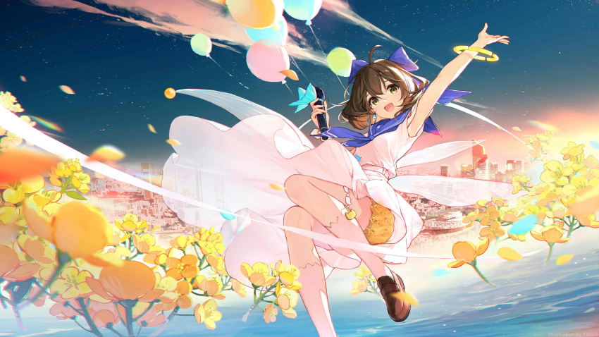absurdres, ahoge, armpits, balloon, bare_legs, bow, bracelet, brown_eyes, brown_footwear, brown_hair, dress, flower, hand_up, hanser_(vtuber), highres, holding, holding_microphone, jewelry, microphone, open_mouth, original, short_hair, sky, smile, solo, timeo